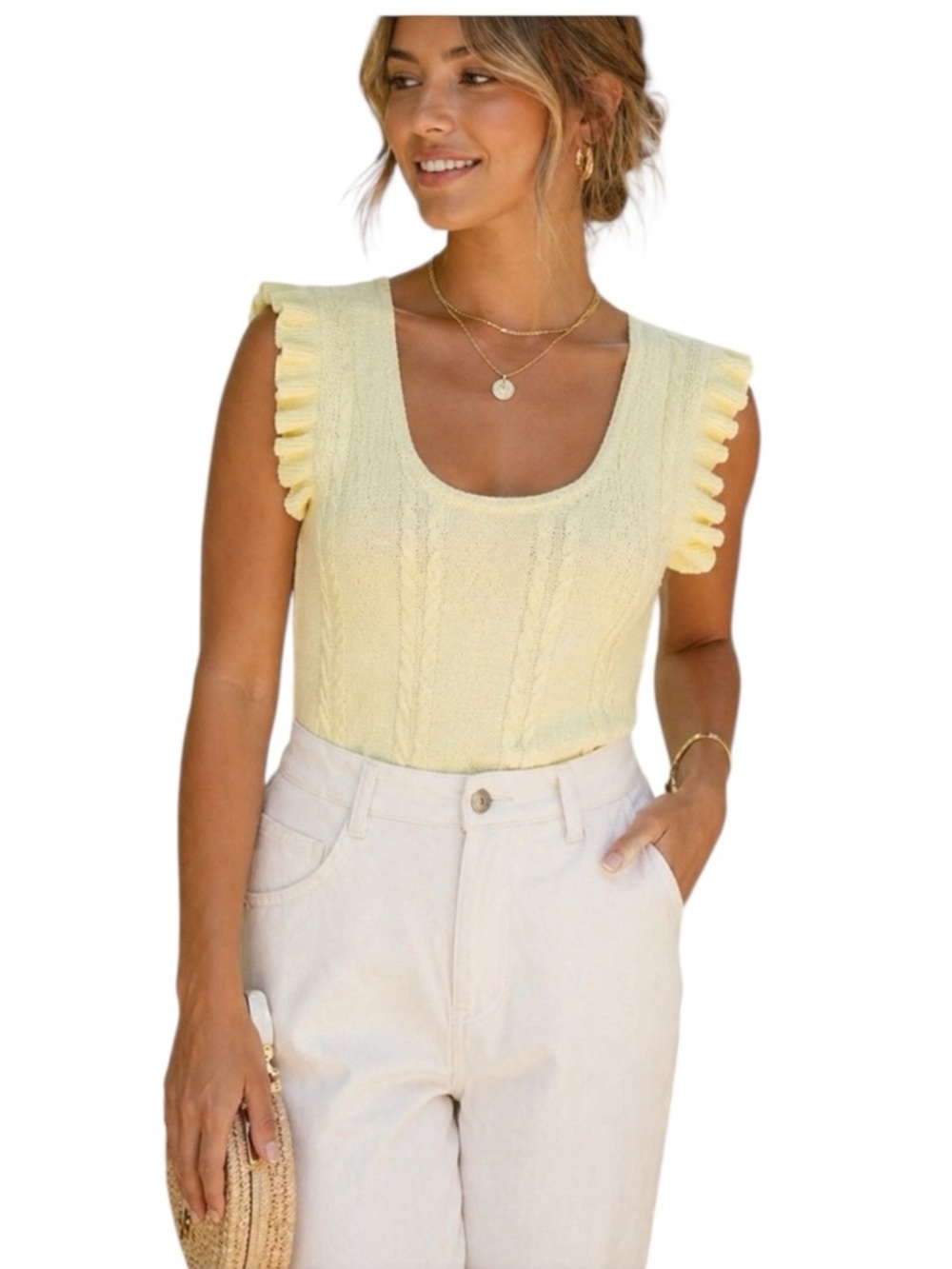 Zara Knit Yellow Cable Knit Ruffle Sleeve Sweater Tank Top Women’s Small
